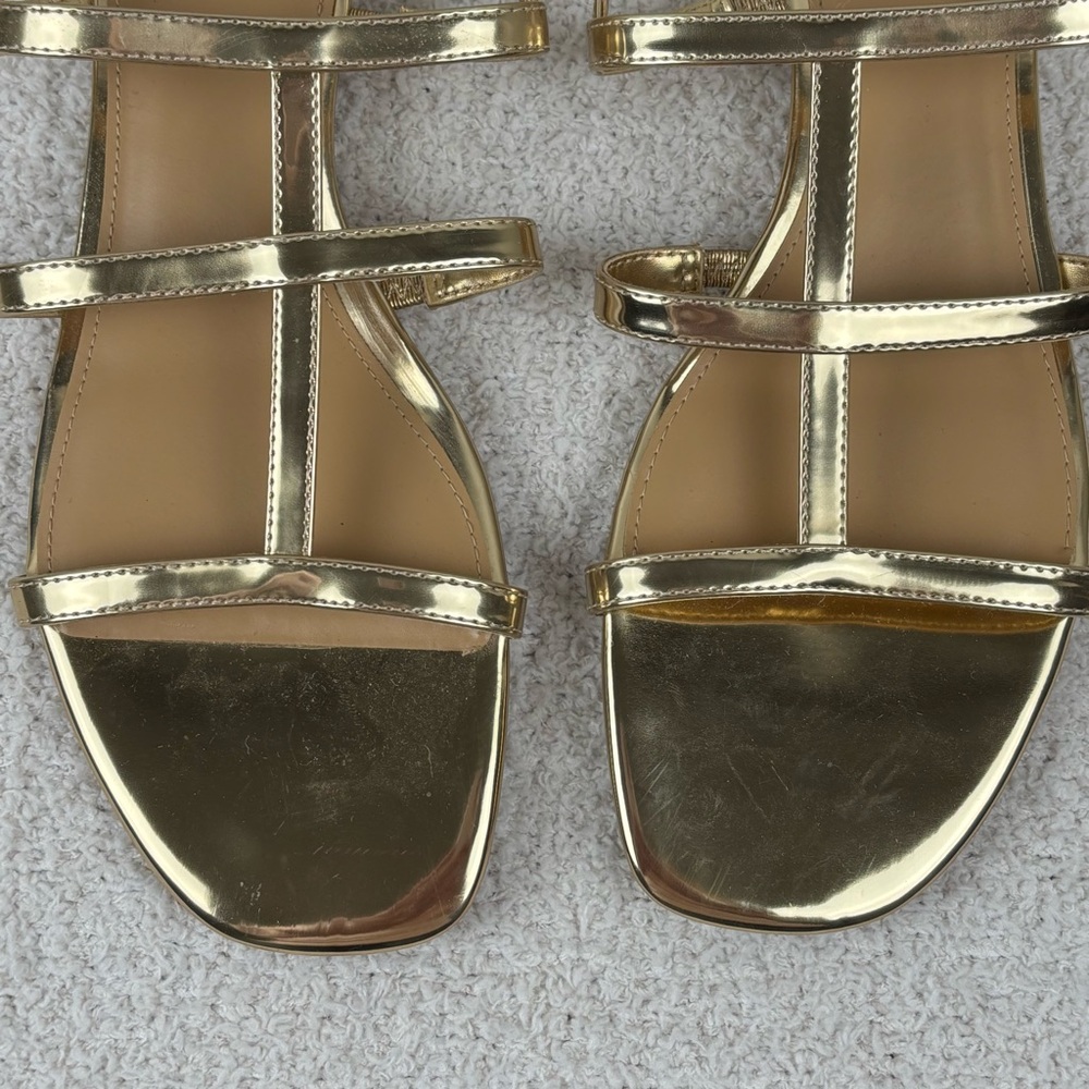 J. Crew Factory Sandals Womens 10.5 Gold Ankle‎ Strap Open Toe Buckle Flats - Picture 5 of 13